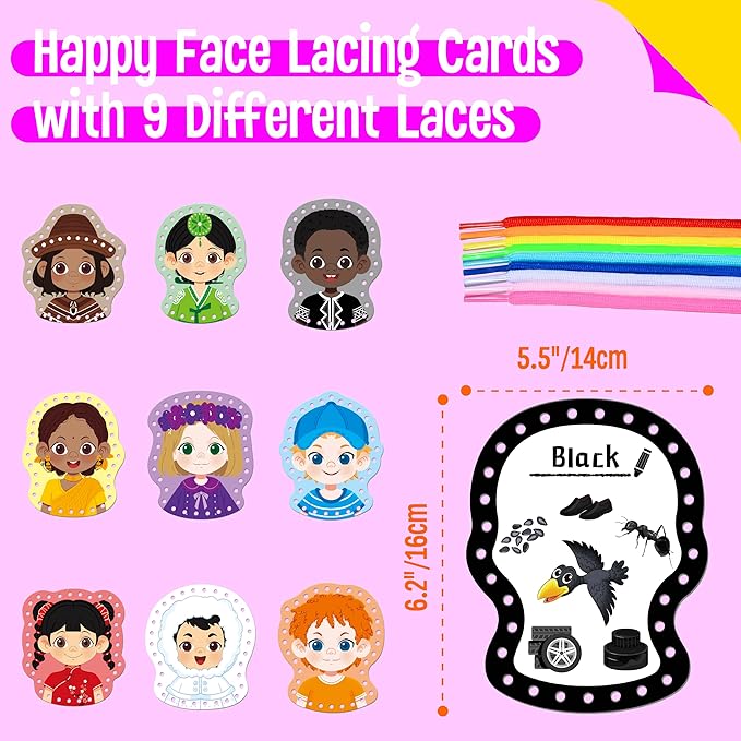 9 Pieces Happy Face Lacing Cards, 9 Double Sided Color Sewing Cards with 9 Colorful Laces, Educational & Learning Activity Games, Imagination Development Lacing Toys for Preschoolers, Kids