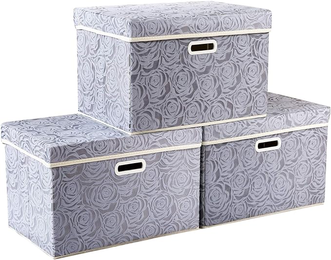 PRANDOM Large Storage Boxes with Lids [3-Pack] Fabric Decorative Storage Bins Cubes Organizer Containers Baskets with Handles for Closet Grey 17.7x11.8x11.8 In For 6+ Year Old Boys and Girls