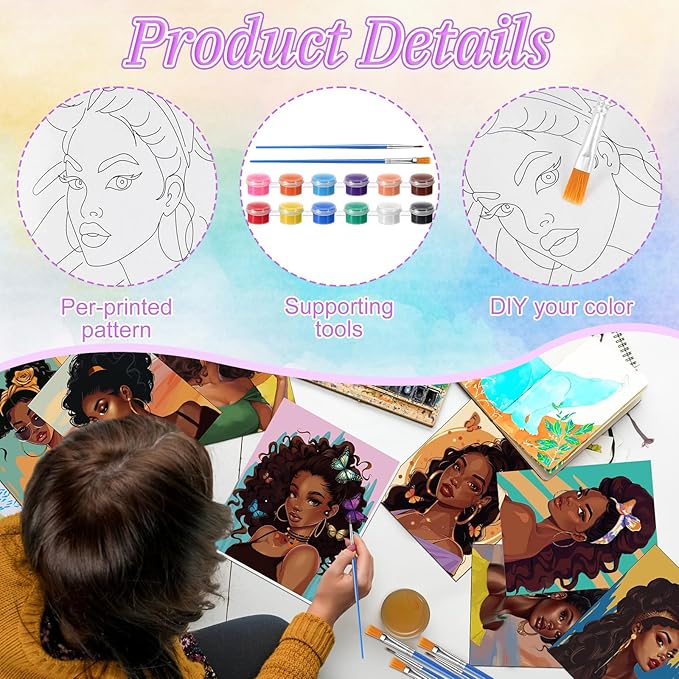 Blosssound 10 Set Pre Printed Canvas Pre Drawn Canvas Painting with Easel Kits 5" x 7" Outline Painting Panels for Beginners, DIY Craft Project, Party Favor, Home Decors(Black Women)