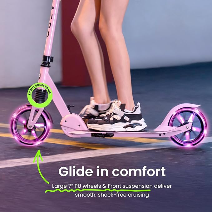 Aero Big Wheels Kick Scooter for Kids 6+, Teens & Adults | Light Up Wheels, Hand Brake, Rubber Deck Mat & Shock Absorption | Foldable & Height Adjustable