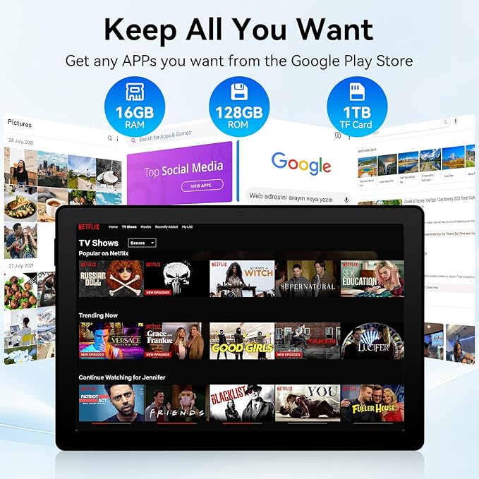 Tablet, Android Tablet 10.95",16GB RAM 128GB ROM 1TB Expansion, Octa-Core, Android 14, 1280x800 FHD, Dual Camera, WiFi6, BT5.3, 6800mAh Battery