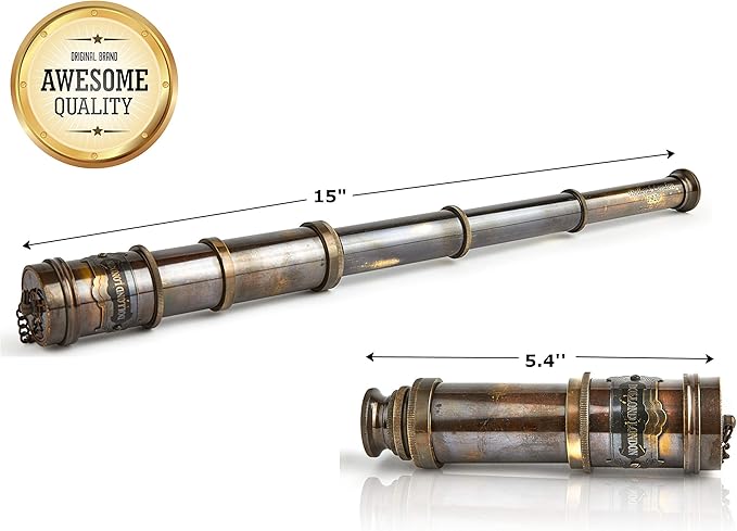 V.Empire Handcrafted Telescope | with Box | Functional Vintage Replica Brass Nautical Antique Ship Telescope | Brass Nautical Spyglass & Collectible Decor | for Kids | 15 Inches