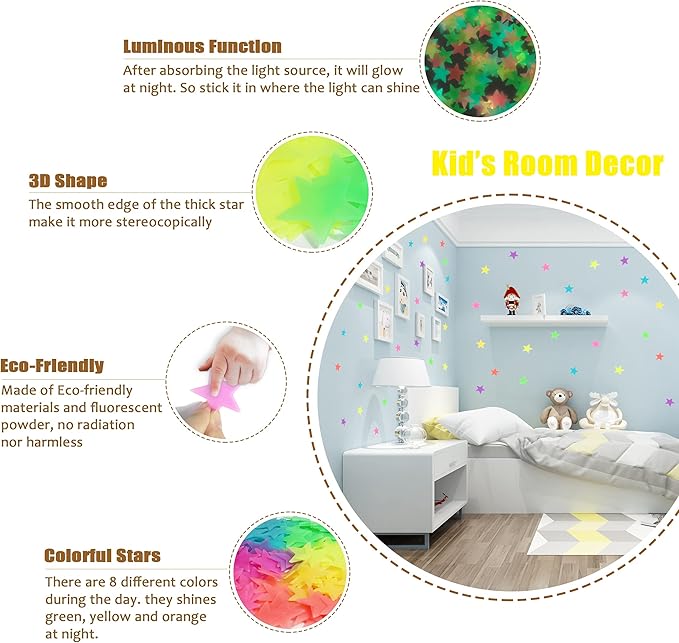 Glow in The Dark Stars and Moon Stickers for Ceiling - 200pcs 3D Luminous Adhesive Stars Create Realistic Starry Sky - Room Decor for Kids Bedroom, Wall Stickers