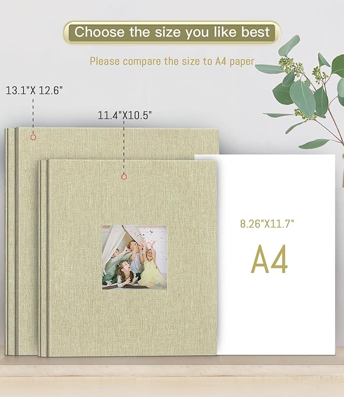 Popotop Photo Album Self Adhesive with Picture Display Window,60 Pages DIY Scrapbooking Supplies Kit for 4x6 10x12 Picture,Linen Cover Memory Book for Baby Wedding, with Scraper and Metallic Pen