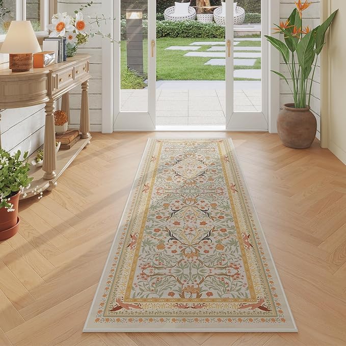 Runner Rug for Kitchen Rug Non Slip 2'x6' Washable Rugs with Rubber Backing Soft Vintage Floral Botanical Carpet Runner for Kitchen, Laundry, Bedroom, Bathroom, Yellow