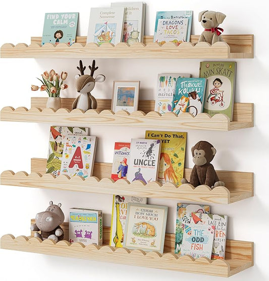 Nursery Book Shelves, 4-Pack Wood Floating Shelves for Wall Kids, Scalloped Shelves, Wall Book Shelves for Bedroom Kids, Toddler Room, Baby Room, Nursery Decor (Wood, 23 Inches)