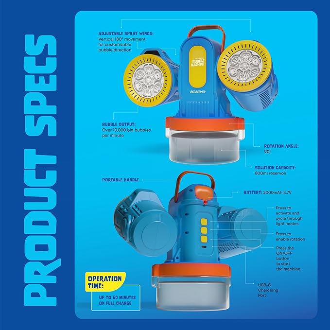 Rechargeable Bubble Machine for Kids,180° Rotation 10,000+ Big Bubbles Per Minute, Boy Birthday Gift, Outdoor Toys, Summer Games & Activities, Gifts for Toddlers, Boys & Girls Age 3,4,5,6,8+ Year Old