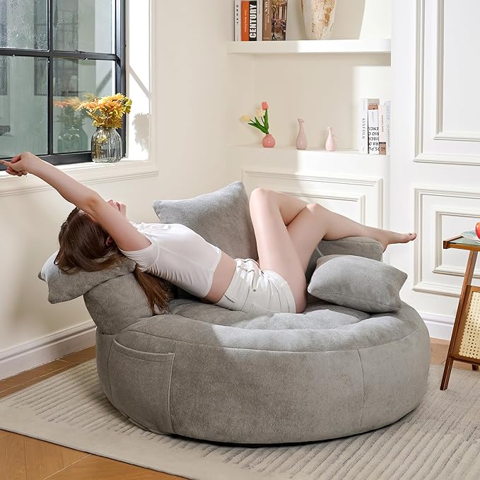 Bean Bag Chair for Adults, Comfortable Bean Bag Sofa with Back Support and Pillows, Giant Bean Bag Chairs Suitable for Living Rooms, Bedrooms and Apartments -Light Gray