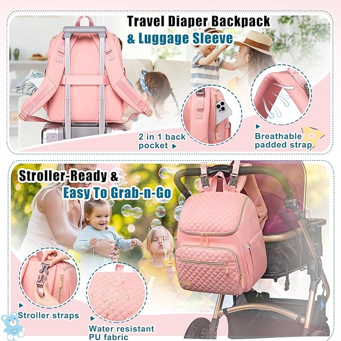 Weitars Diaper Bag Backpack Large Baby Diaper Bag with Changing Pad Travel Diaper Backpack,Baby Bag for Boys Girls,Stroller Straps,5 Insulated Pockets (Pink)