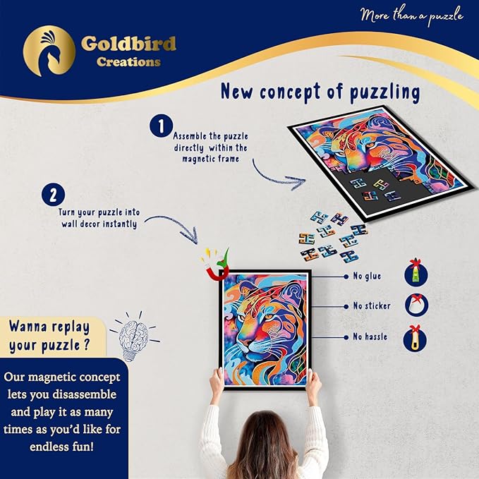 Magnetic Wooden Jigsaw Puzzles with Frame for Adults - Wooden Puzzle Wall Art - Landscape Lazer Wood Cut Puzzles - Rompecabezas para Adultos - Christmas & Birthday Gift (Colorful Tiger)