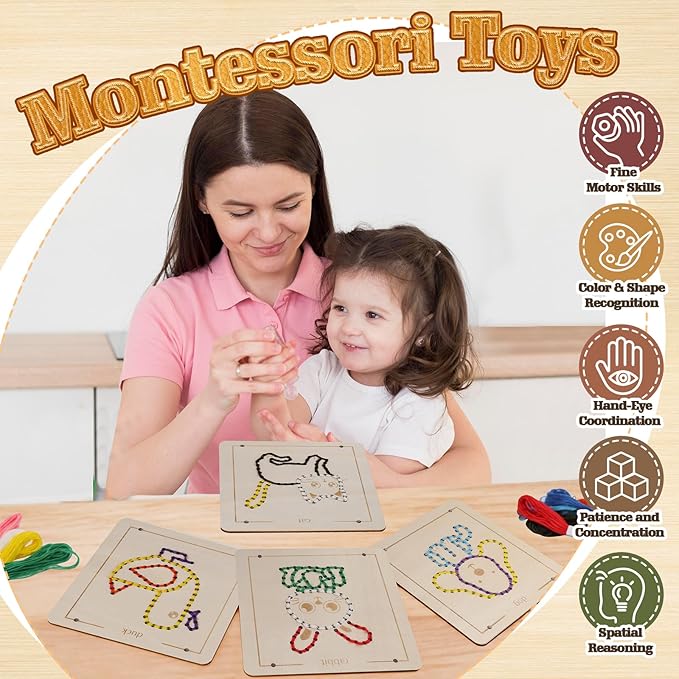 Montessori Wooden Lacing Toys for Toddlers and Kids Ages 2-4 5-7, Sewing Kit Fine Motor Skill Busy Board, Education Sensory Preschool Toy for 1 2 3 4 Year Olds, Birthday Gift for Boys and Girls