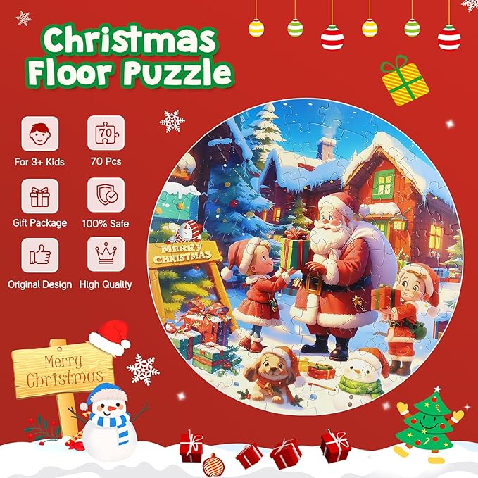 Christmas Puzzles for Kids Ages 4-6, Kids Puzzles with Santa Claus & Snowman,70 Piece Round Large Floor Puzzles for Kids Ages 3 4 5 6 7 8, Educational Toy Gift Jigsaw Puzzles for 5 Year Old Boys Girls