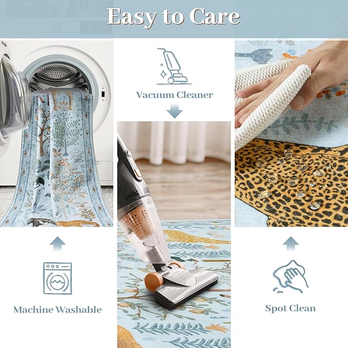 OJIA Animal Print Washable Area Rug 5x7, Soft Nursery Rugs for Living Room Ultra-Thin Non-Shedding Kids Bedroom Rug, Stain Resistant Throw Rug Large Carpet for Dining Room, Light Blue