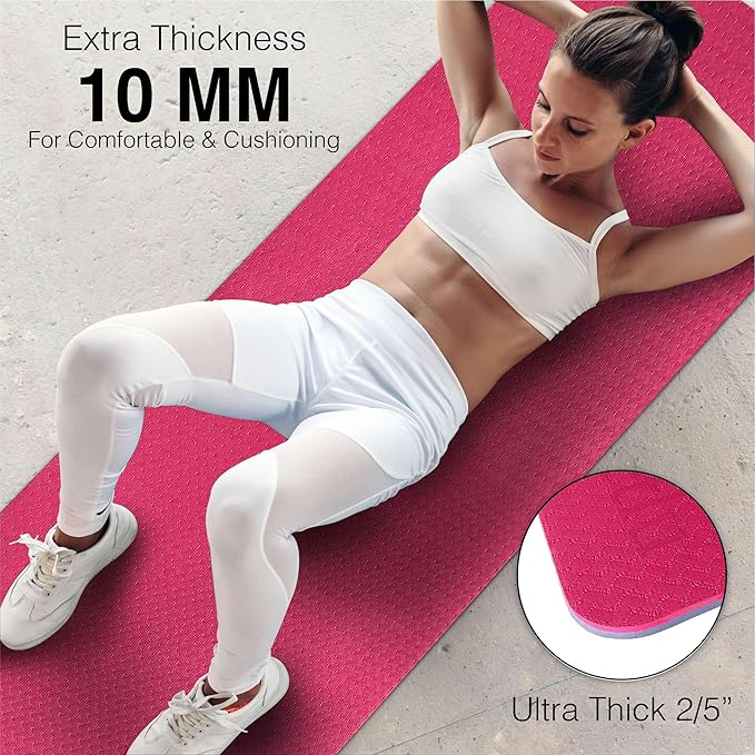 Extra Thick Exercise Yoga Mat with Strap - 2/5 Inch (10MM), Non-Slip Workout Mat for Yoga, Pilates, and Floor Exercises