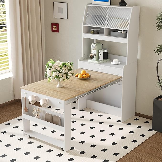 Compact Buffet with Hutch and Foldable Dining Table, 2-in-1 Buffet - Image 9