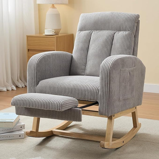 NIOIIKIT Nursery Rocking Chair, Corduroy Upholstered Rocking Chair with Adjustable Footrest, Tufted Rocker Chair with Side Pocket, Glider Rocker for Living Room, Bedroom (Gray Casual)