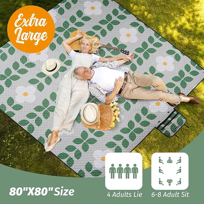 Picnic Blankets Extra Large - Beach Blanket Waterproof Sandproof with Shoulder Strap, Machine Washable, Outdoor Blanket with Stakes for Grass Concert, Park, Lawn,Travel,Spring Summer.Green