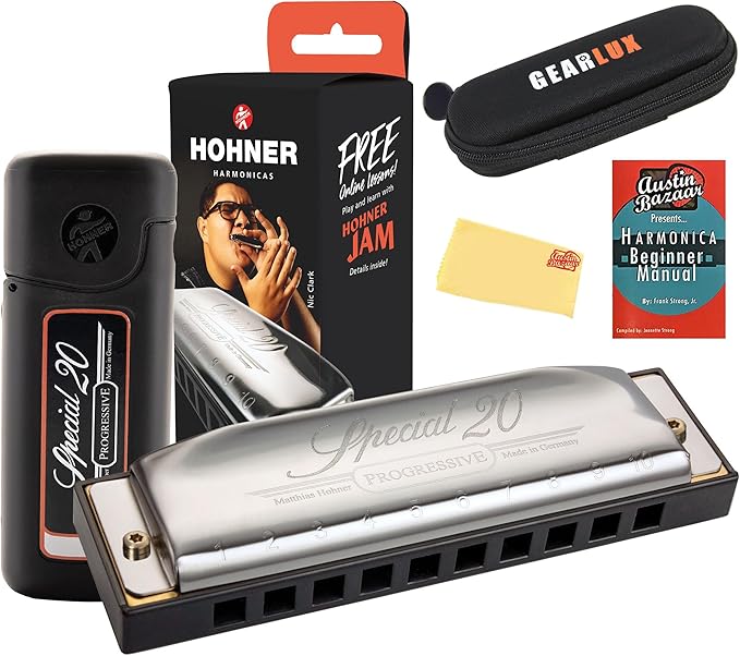Hohner Special 20 Harmonica - Key of C Bundle with Zip Case, Instructional Manual, and Austin Bazaar Polishing Cloth