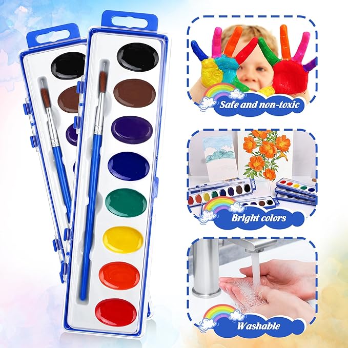 FUMILE Watercolors Paint Set Bulk,48 Pack 8 Washable Bright Colors with Paintbrush.Watercolors Paint Set Kids for Parties,Art Lessons,Birthday Party Favor,Back to school,All Ages.