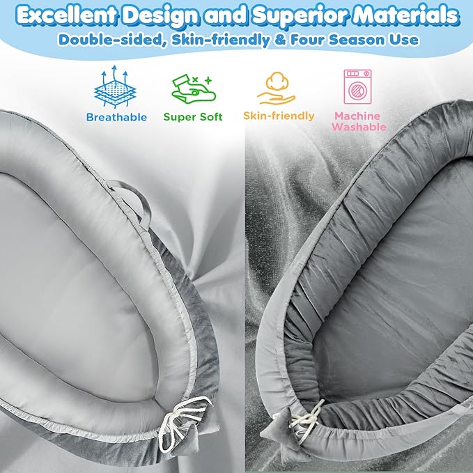 Baby Lounger - Baby Lounger for Newborn 0-24 Months, Breathable & Soft Cotton and Velvet Cover Baby Nest, Portable Tummy Time Lounger for Home and Travel, Ideal Baby Essentials & Shower Gifts