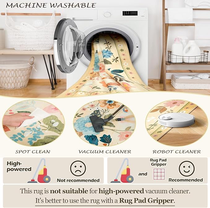 Floral 2x6 Area Rug Machine Washable Soft Print Boho Carpet Non Slip Doormat Low Pile Flower Area Rugs for Living Room Bedroom Nursery Kitchen Dining Room Indoor-Ivory/Yellow