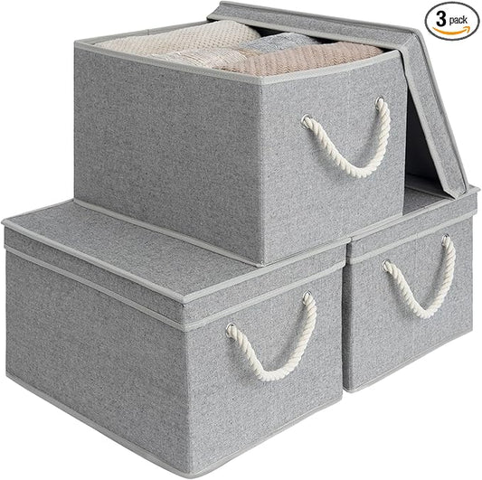 StorageWorks Storage Bins with Lids, Decorative Storage Boxes with Lid and Soft Rope Handles, Foldable Storage Baskets for Closet, Shelves, Stackable, Gray, Jumbo, 3-Pack