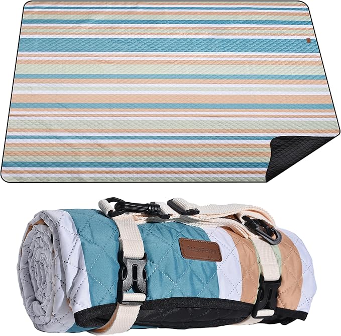 Waterproof Picnic Blanket 80" x 80" in Portable with Carry Strap for Beach Mat or Family Outdoor Camping Party, Park Blanket for Grass Park, Hiking, Travel, Concerts (Crystal Blue & Orange, 80" x 80")