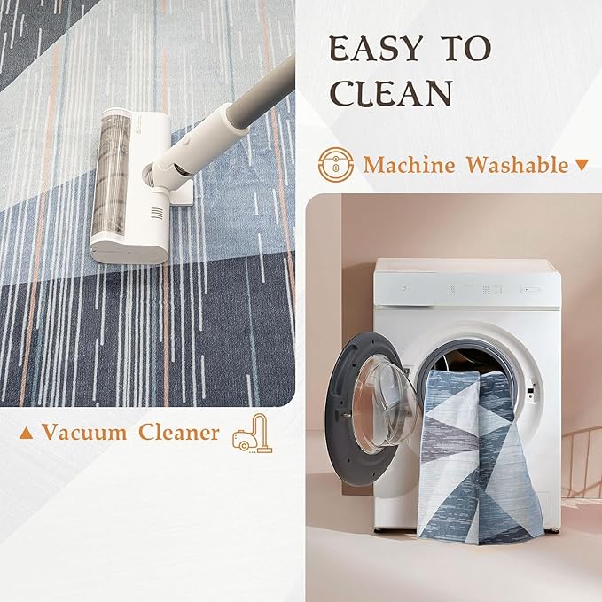 HOMFINE Washable Modern Area Rug - Geometric Style 5x7 Rugs for Living Room, Bedroom, Machine Washable Rug Soft Non Slip Non Shedding Area Rug - Blue, 5'x7'