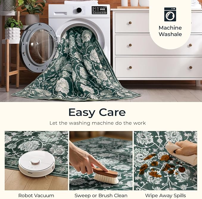 Floral 9x12 Area Rugs for Living Room, Washable Large Rug, Vintage Soft Carpet, Non Slip & Low Pile, Wool Carpets for Indoor Bedroom Dining Home Playroom Office Under Table, Dark Green