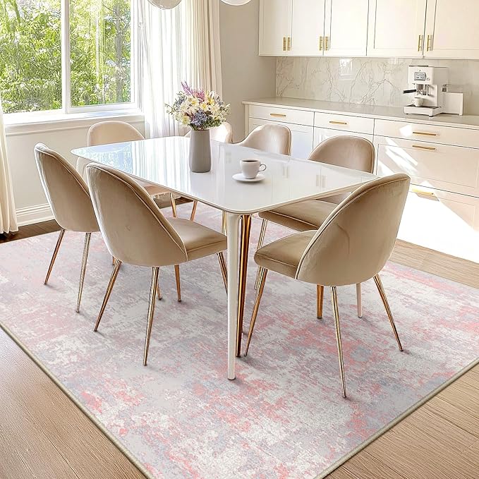 Washable Area Rugs 9'x12' Non-Slip Modern Abstract Soft for Living Room Entryway Bedroom Nursery, Print Pattern, Grey Pink