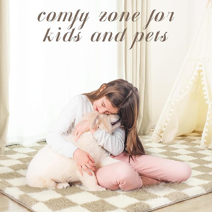 Super Soft Rug for Bedroom, 8x10 Ft Beige and White Area Rug Classic Checkered Shaggy Anti-Skid High Pile Soft Fluffy Rug Fuzzy Carpet for Living Room Bedroom Kids Room Nursery, Dorm Home Decor