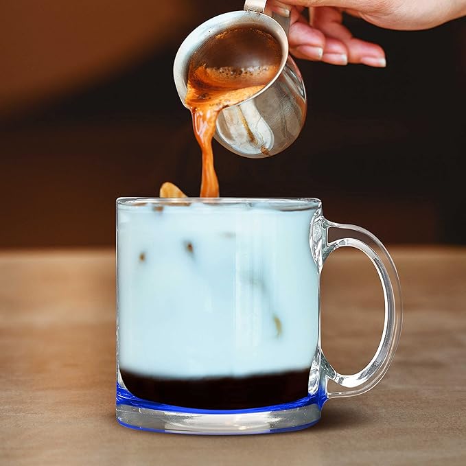 Libbey Clear Glass Coffee Mugs 13 oz. Set of 10, Bulk Pack - Perfect for Coffee, Tea, Espresso, Hot Cocoa, Other Beverages - Blue Bottom