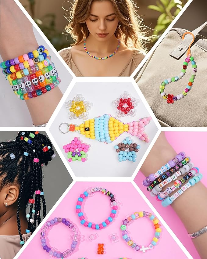 BestNow Kandi Beads Bracelet Making Kit Beads for Pony Beads Polymer Clay Beads 2 Types of Letter Beads 13 Types of Charm Beads for Jewelry Making DIY Arts and Crafts Gifts Toys for Girls Age 6-12
