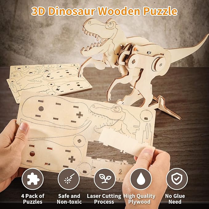 Dinosaur STEM Kits for Kids Ages 6-8-10-12, 4 in 1 Wood Building Toys for Boys Age 8-12, Build It Yourself Woodworking Kit, DIY 3D Wooden Puzzles Model Science Crafts for Kids, Stem Projects