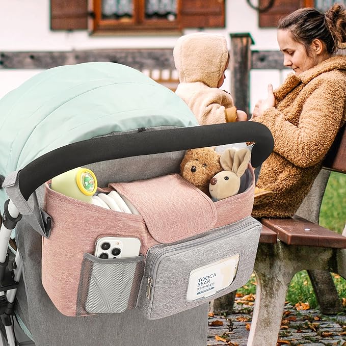 Accmor Universal Stroller Organizer with Insulated Cup Holder, Stroller Caddy Bag Accessories, Stroller Cup Holder Organizer for Uppababy Baby Jogger Britax Stroller, Pink