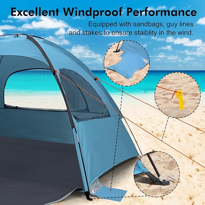WhiteFang Beach Tent Anti-UV Portable Sun Shade Shelter for 3/4/6/8 Person, Extendable Floor with 3 Ventilating Mesh Windows Plus Carrying Bag, Stakes and Guy Lines