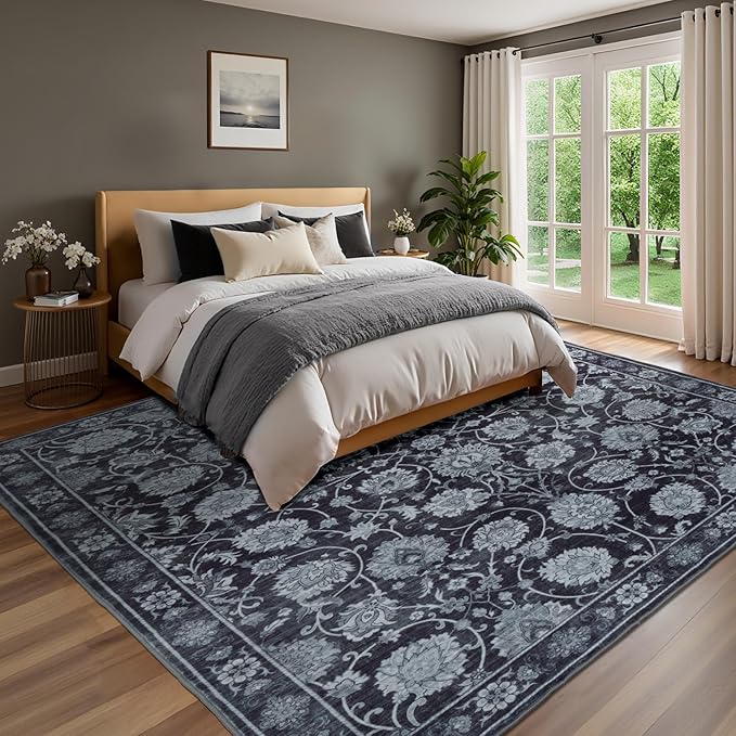 Black 9x12 Area Rug for Living Room, Washable Large Rugs, Vintage Floral Soft Carpet, Non Slip & Low Pile, Wool Carpets for Indoor Bedroom Dining Home Playroom Office Under Table, Black