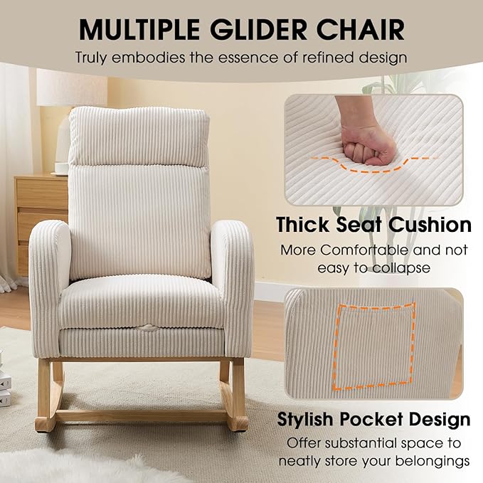 NIOIIKIT Nursery Rocking Chair, Corduroy Upholstered Rocking Chair with Adjustable Footrest, Tufted Rocker Chair with Side Pocket, Glider Rocker for Living Room, Bedroom (White Modern)