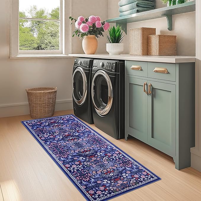 Runner Rug for Entryway: 2x10 Kitchen Rugs Non Slip Washable Ultra-Thin Soft Floral Carpet Indoor Floor Stain Resistant Carpets for Hallway Bedroom Kitchen Laundry Bathroom Dorm Blue