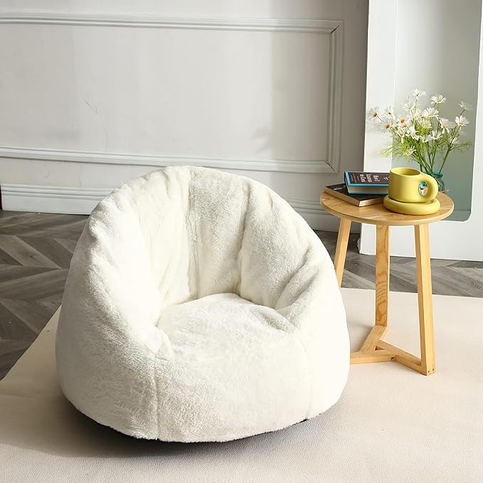 N&V Small Bean Bag Chair for Kids, Children Mini Bean Bag Sack, Foam Filling, Includes Removable and Machine Washable Cover, 27in, Soft Faux Fur (White)