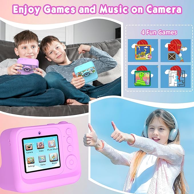 Kids Camera, Upgrade Kids Camera Instant Print, Front Rear Dual Selfie Digital CAM with 1080P Videos, Portable Travel Toy with Games and Music, Christmas Birthday Gift for Boys, Girls and Teens