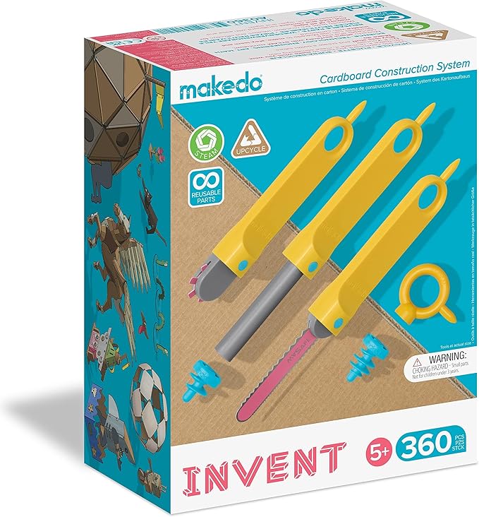 Makedo Invent | Upcycled Cardboard Construction Toolkit in Large Toolbox (360 Pieces) | STEM + STEAM Educational Toys for Classroom Learning | Resuable Tools for Boys and Girls Age 5+