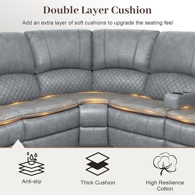 Yolsali Manual Reclining Sectional Sofa Set, 5 Seats 1+1+3 Leather Reclining - Image 4