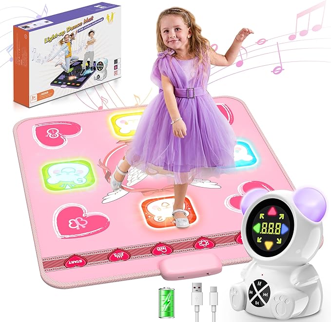 Rechargeable Dance Mat Toys for Girls, Light Up Dance Pad with Wireless Bluetooth, Xmas B-Day Gifts for 3 4 5 6 7 8 9 10 11 12 Years Old Kids (Pink)