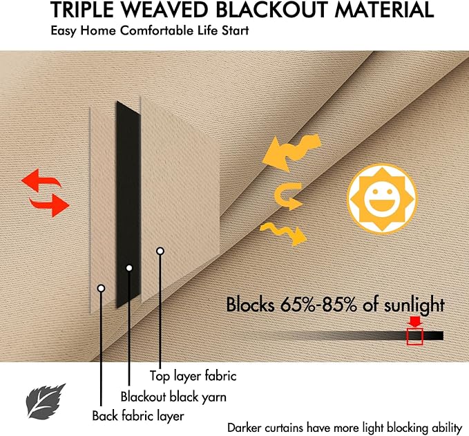 ANRODUO Back Tab Blackout Curtains for Bedroom Living Room, Rod Pocket Pinch Pleated Thermal Insulated Room Darkening Curtains 96 Inches Long 2 Panels, Beige, 42 x 96 Inch