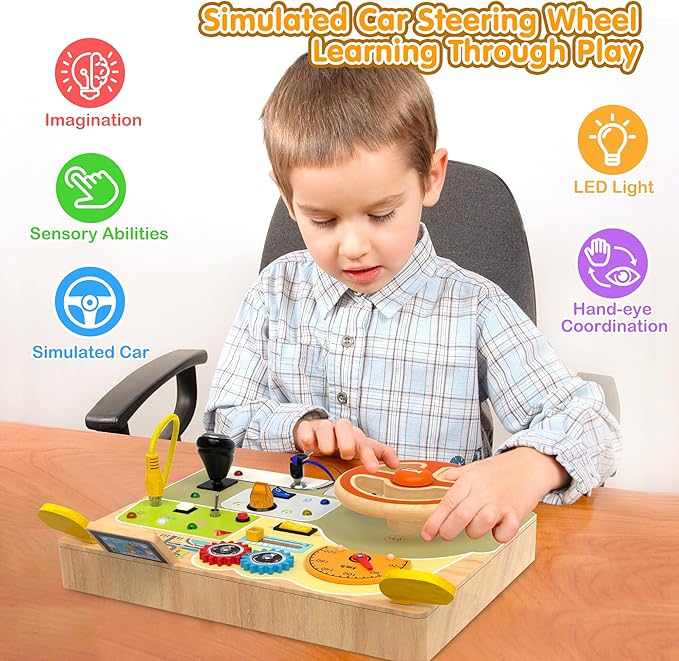 Montessori Toddler Toys - Baby Wooden Busy Board - Sensory Toys with Light Switch - Travel Toys for Educational Toddler Activities for Toddlers 1 2 3 4+ Year Old