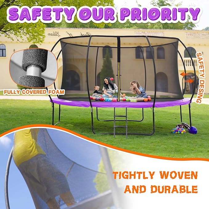 Trampoline 8FT 10FT 12FT 14FT 16FT, Recreational Trampolines with Enclosure Net and Ladder, Outdoor Anti-Rust Trampolines for Kids and Adults, ASTM Approved