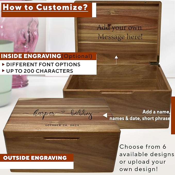 Wooden Box Gift for Couple - Personalized Keepsake Box Engraved Floral Heart, 5th Wedding Gift Couple, Acacia Wood Decorative Chest, Custom Memory Boxes, Surprise Love Message, 11.5 x 8.5 x 5.5 in