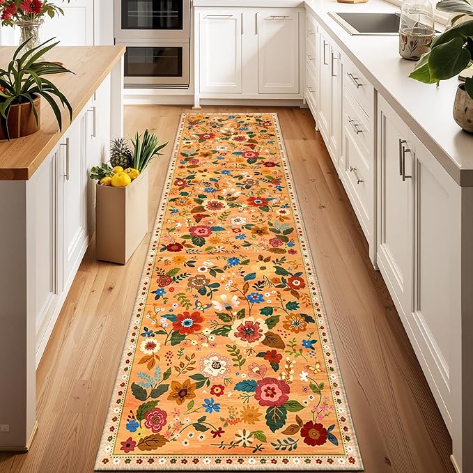 Floral 2x8 Area Rug Machine Washable Soft Print Boho Carpet Non Slip Doormat Low Pile Flower Area Rugs for Living Room Bedroom Nursery Kitchen Dining Room Indoor-Yellow/Orange