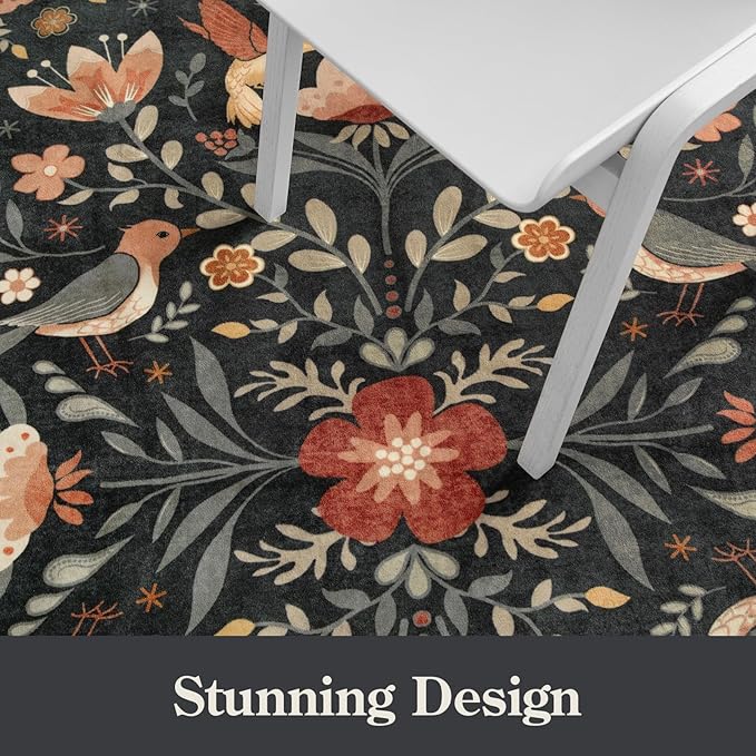 Moynesa Boho Bird 3x5 Rug, Ultra Thin Washable Kitchen Rugs Anti Skid Rubber Backing, Low Pile, Soft, Indoor Large Black Throw Carpet for Entryway Office Bedroom Bathroom Living Room